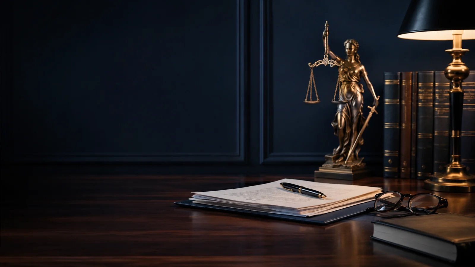 Mesa jurídica com documentos, livros e símbolo da Justiça